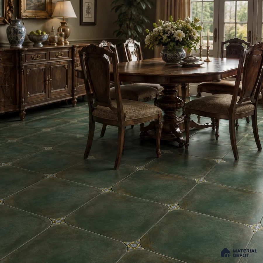 Traditional Dining Room with Teal Green Porcelain Floor Tile
